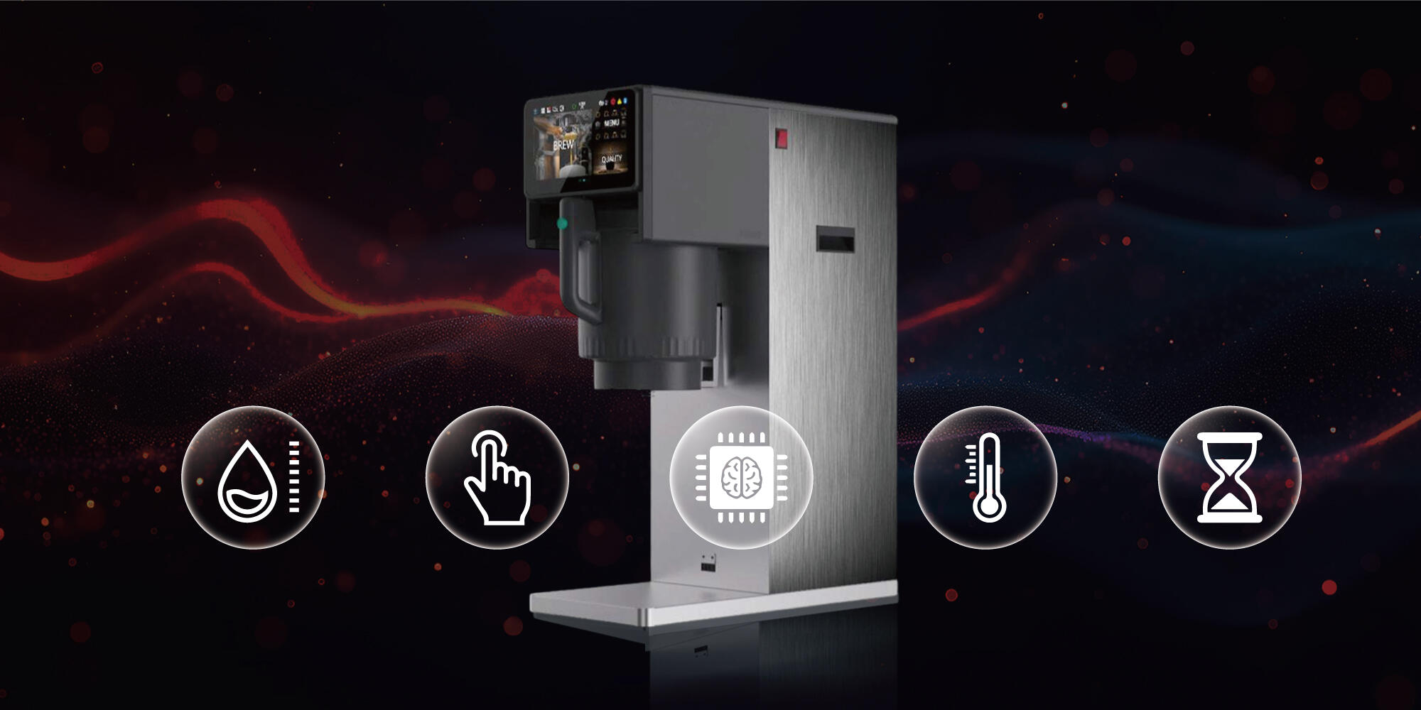 スマートな業務用茶抽出機の 5 つの主要機能: セグメント化された水制御、インテリジェントなストレージ、タッチ スクリーン、正確な温度制御、分単位の調整。